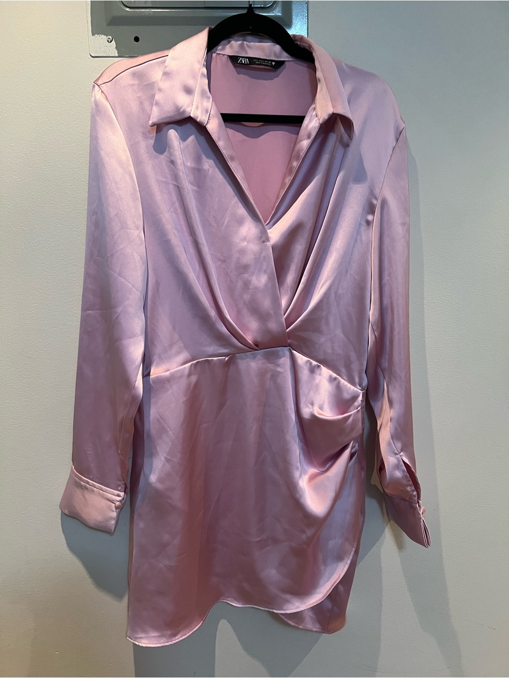 Zara Pink Satin Shirt Long Sleeve Dress Draped Mini Dress | Size Large